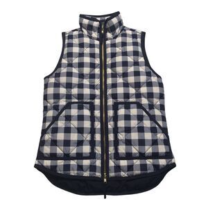 J. Crew Buffalo Check Cream and Navy Double Zip Down Filled Puffer Vest Sz XXS